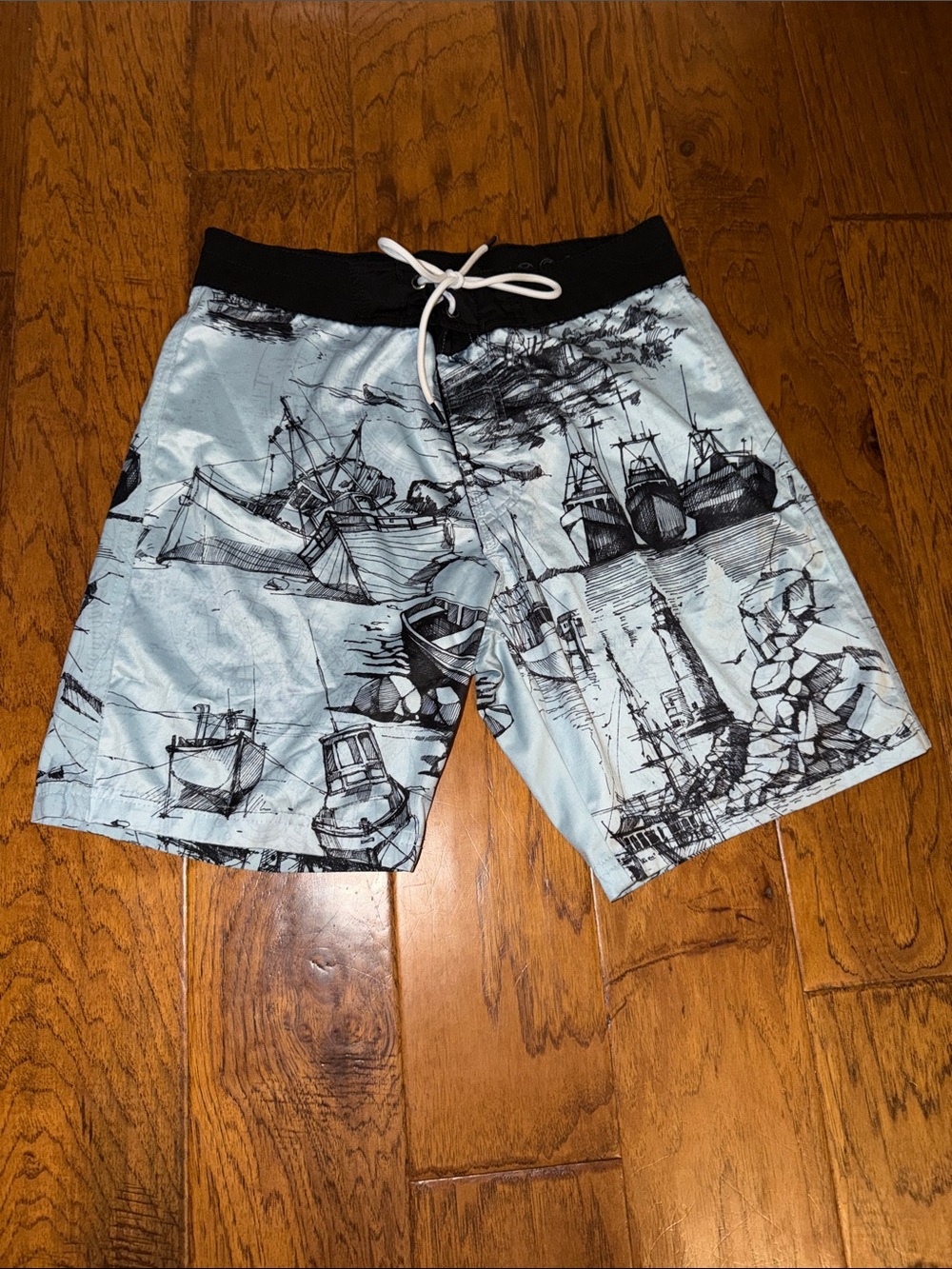 Psycho Tuna Light Blue Men's Drawstring Board Shorts with Nautical Print